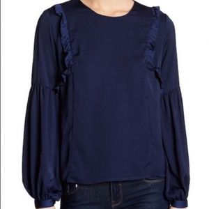 Lush Navy Ruffle Satin Blouse